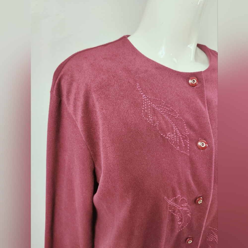 Vtg Company Collection Burgundy Leaf Embroidered button Down Sweater Blouse Sz L - Picture 7 of 13